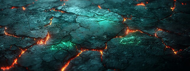 A realistic 3D isolated set featuring a green glowing ground with cracks on a ruined land surface, showing cracked water in splits, resembling damage after a disaster.