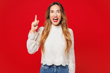 Young insighted smart proactive happy Caucasian woman she wear white blouse casual clothes hold...