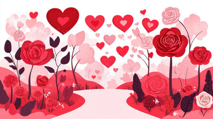 vibrant illustration of romantic landscape filled with red roses and hearts, perfect for expressing love and affection