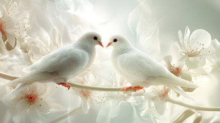 Two white doves perched on a branch surrounded by delicate blossoms.