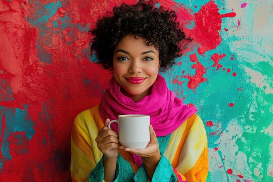Woman with Curly Hair Holds a Mug Against Colorful Background