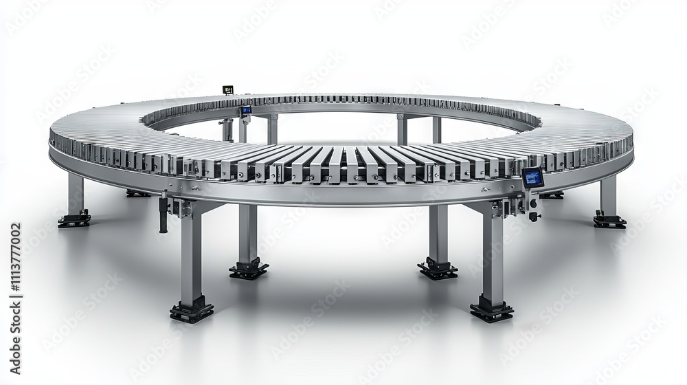Poster top and side views of an industrial conveyor belt and empty production lines, featuring automated ma