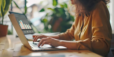 Woman working on laptop with graphs on screen, surrounded by plants.