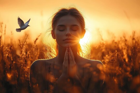 Woman Kneeling in Prayer at Sunset with Holy Spirit as Dove Depicting Faith Grace Worship Divine Intervention