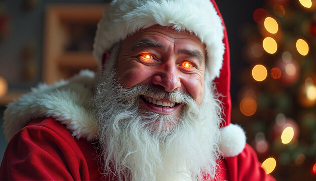 Evil Santa Claus grinning mischievously with glowing eyes in a spooky Christmas atmosphere