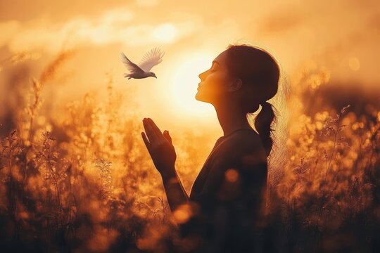 Woman Praying at Sunset with a Dove Descending Depicting Faith Divine Grace and Worship