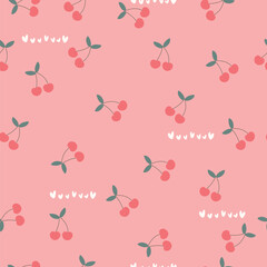 Seamless pattern with red cherries and hearts on pink background. Vector illustration	
