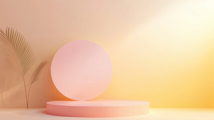 Fototapeta premium A pastel pink circle rests on a circular platform against a softly illuminated wall, complemented by a delicate palm leaf silhouette. The atmosphere conveys calm, background