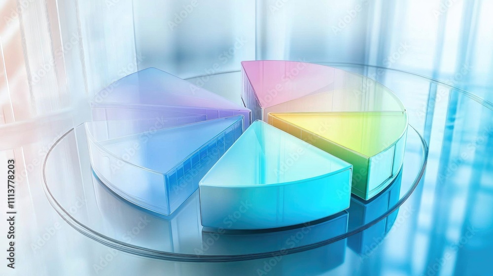 Poster a multi-layered 3d pie chart in pastel colors, floating above a reflective surface, representing com