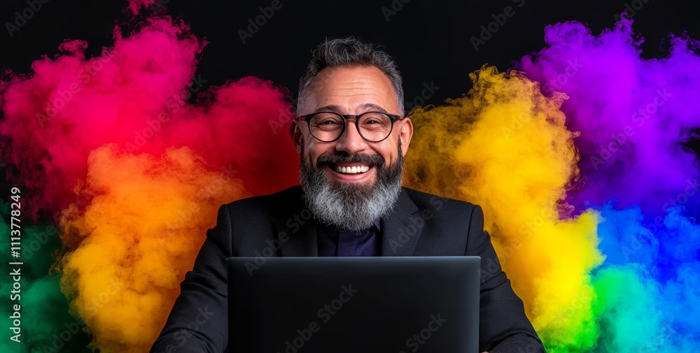 Poster man is sitting in front of a laptop with a colorful smoke cloud behind him. he is smiling and he is 