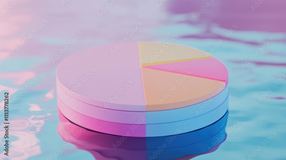 Poster a multi-layered 3d pie chart in pastel colors, floating above a reflective surface, representing com