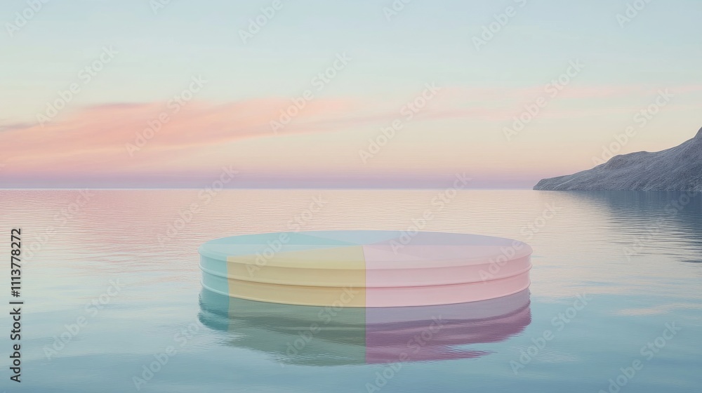 Poster a multi-layered 3d pie chart in pastel colors, floating above a reflective surface, representing com