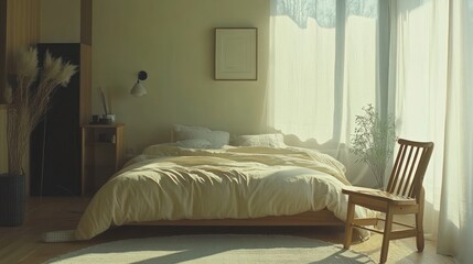 Sunlit Bedroom With Minimalist Decor And Wooden Chair