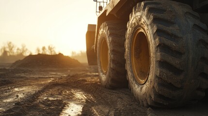 Heavy machinery tires on a construction site at sunset