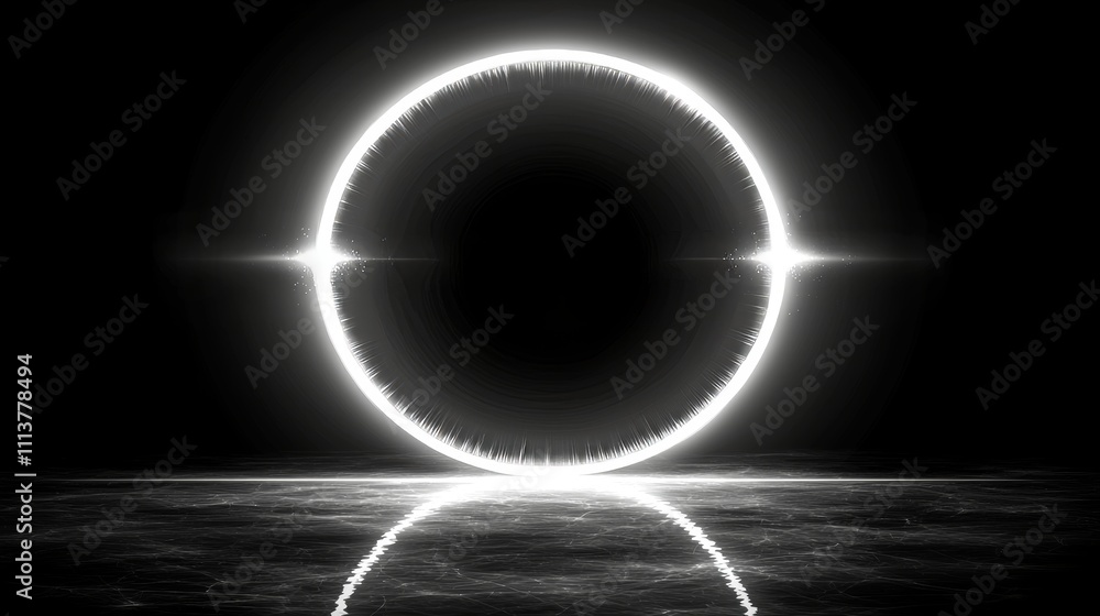 Poster a modern white light circle ring with glitter and bokeh effect. a magical round swirl frame with neo