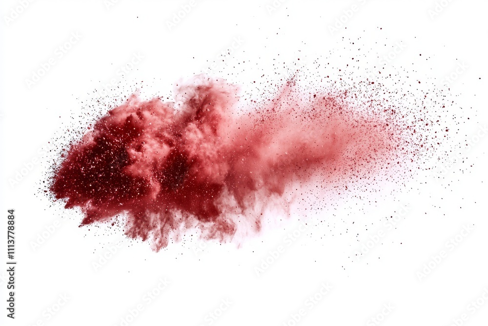 Poster a solitary burst of red powder explodes on a white background, creating an abstract splatter of fine