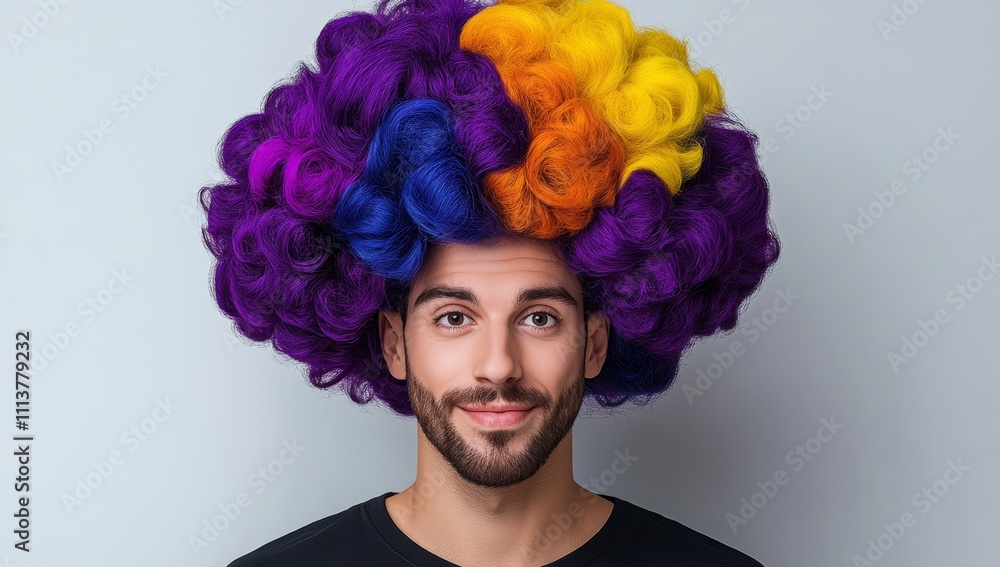 Poster man with a colorful wig on his head. he is smiling and looking at the camera. concept of fun and pla