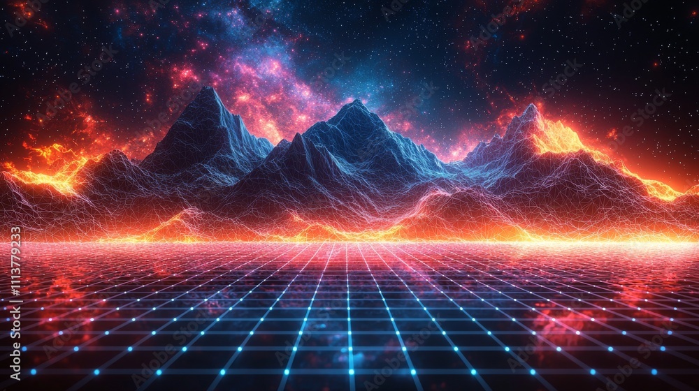 Poster abstract background texture of retro 80s low poly neon mountains and stars with flow.