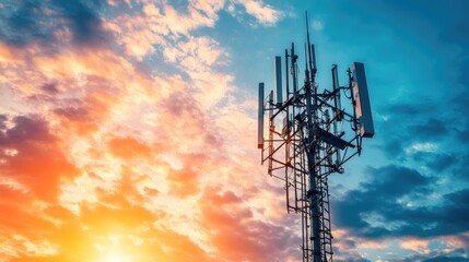A perspective shot looking up at a cell phone tower, capturing the towering height and technical complexity, set against a bright blue sky