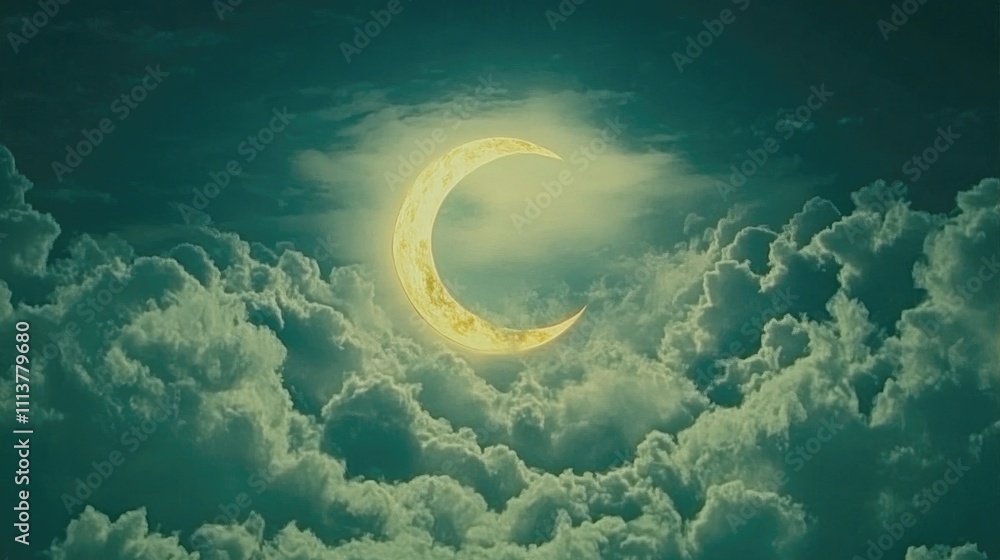 Poster a picturesque shot of the moon partially hidden behind clouds, creating a mysterious atmosphere, wit