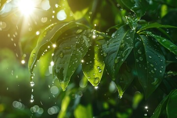 Morning dew drops on leaves in nature  beautiful and clear.