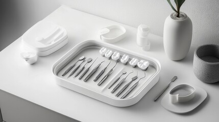 Fototapeta premium Modern Dental Tools on White Tray with Minimalist Decor