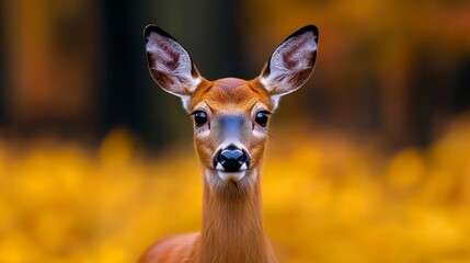 Deer is standing in a field of yellow leaves. The deer is looking directly at the camera