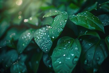 Fototapeta premium Morning dew on leaves in nature selective focus.
