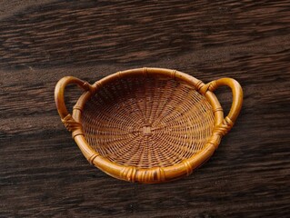 The picture shows a brown wicker basket with two handles on each side. The basket is woven very...