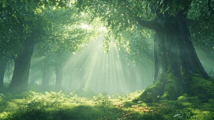 Obraz premium mystical forest bathed in soft sunlight, with towering ancient trees and thick green foliage