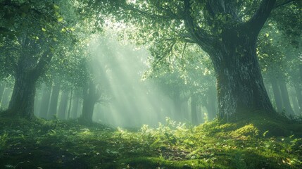 Obraz premium mystical forest bathed in soft sunlight, with towering ancient trees and thick green foliage