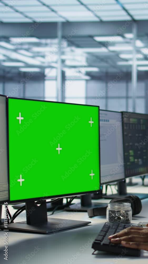 Poster vertical video data center technician using mockup pc, maintaining company network infrastructure. s