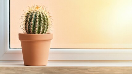 Unique natural indoor cactus. Cactus in a pot by the window, showcasing a warm, inviting atmosphere.