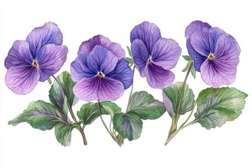 A vibrant illustration of purple violets with green leaves, showcasing botanical beauty.