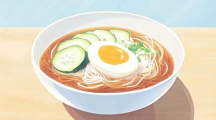 A refreshing bowl of cold naengmyeon (cold buckwheat noodles) garnished with sliced cucumber and a boiled egg, served in a traditional dish, illustrating the diversity of Korean cuisine.