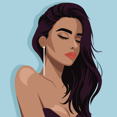 Portrait of a charming young woman in a dress with bare shoulders. Vector, flat style. 
