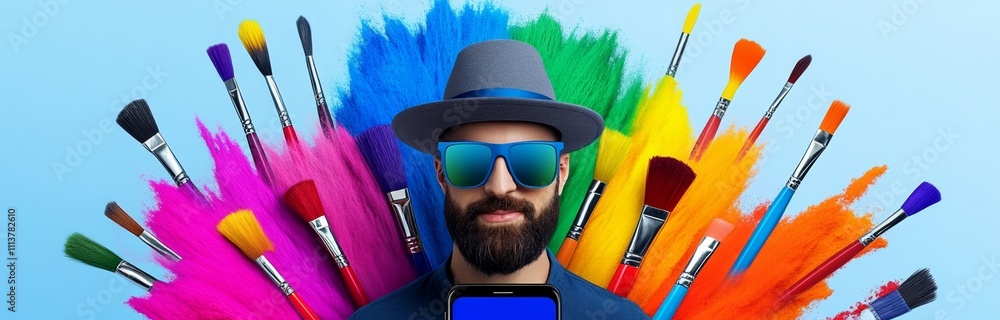 Poster man is holding a cell phone in front of a colorful explosion of paintbrushes. concept of creativity 