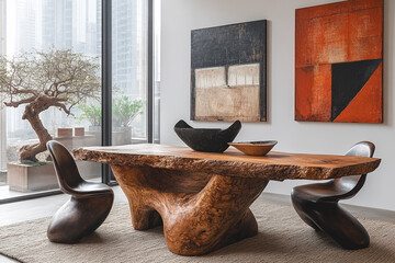 Modern Dining Room With Unique Wooden Table And Chairs