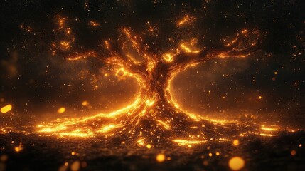 Obraz premium Majestic Glowing Tree Surrounded by Radiant Ash, Symbolizing Beauty and Power of Nature in a Magical Fantasy World