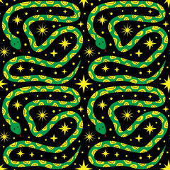 Seamless pattern with snakes and stars. Mystical snake pattern for fabric and wrapping paper.