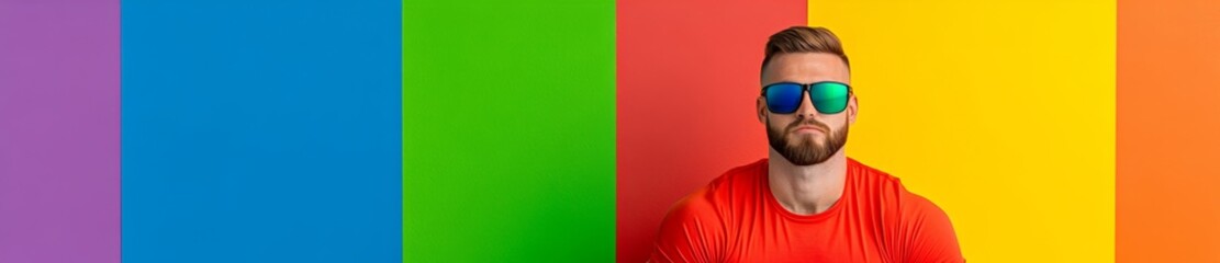 Obraz premium Man wearing sunglasses and a red shirt is standing in front of a colorful wall. The wall is made up of different colored stripes, creating a vibrant and lively atmosphere