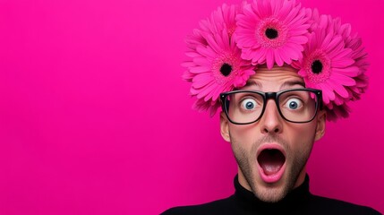 Man wearing a flower headband and glasses with his mouth wide open. The image has a playful and humorous mood