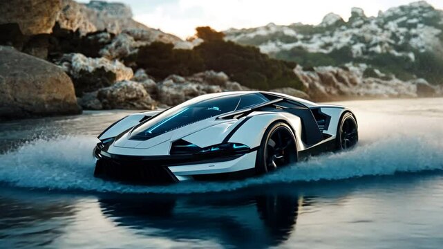 A futuristic amphibious vehicle capable of operating on both water and land, shown driving across a shoreline while transitioning seamlessly between environments.