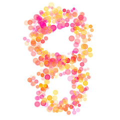 Number eight (8) made with multicolored bokeh lights effect, Bokeh abstract isolated on white background, Blur, Glitter, Defocused, Seamless polka dot pattern, Creative, Illustration design