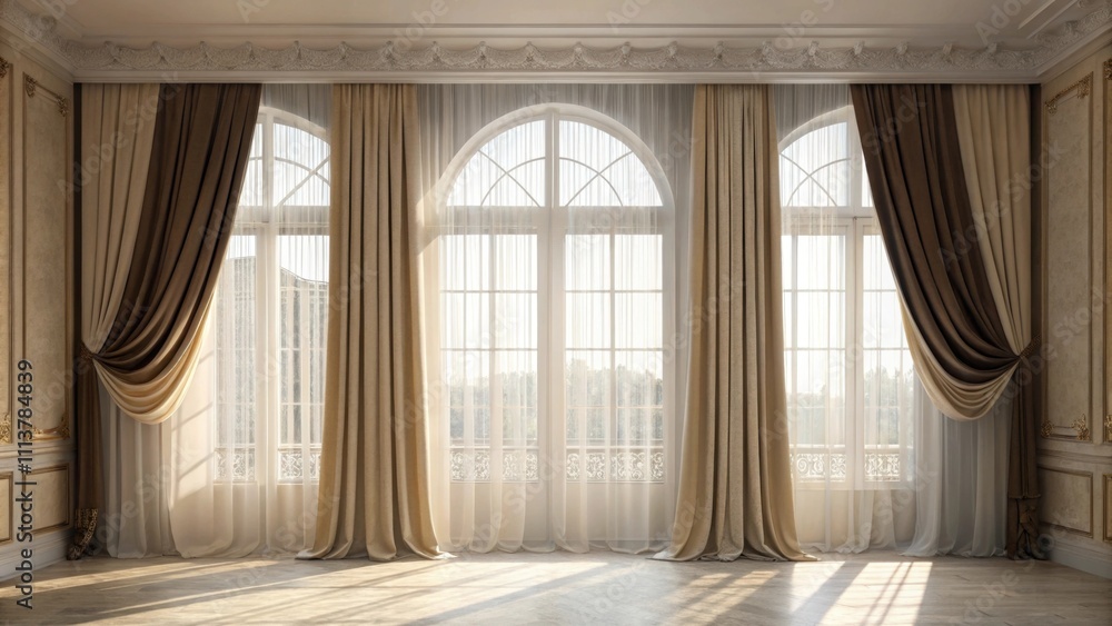 Poster layered curtains frame large windows combining panels with heavier drapery allowing diffused sunligh