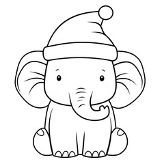 Fototapeta premium Elephant in a hat, simple and easy coloring book for kids, cartoon style, linear art.