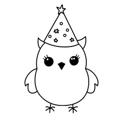 Owl birthday cap, simple and easy coloring book for kids, cartoon style, linear art. 