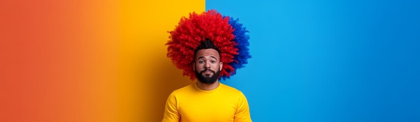 Man with a red, blue, and yellow wig is standing in front of a blue and yellow background