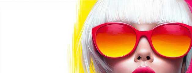 Woman with red sunglasses and yellow frames. The sunglasses are on a white background. The woman is wearing red lipstick