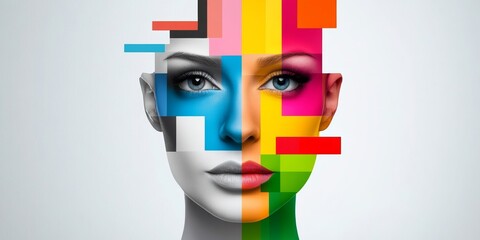 Fototapeta premium Woman's face is divided into four sections, each with a different color. The image is a representation of the idea that everyone is unique and has their own individual beauty